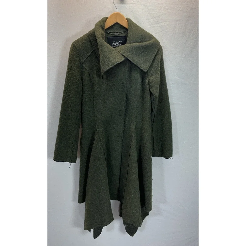 New ZAC‎ Zac Posen Wool Asymmetrical Collar Coat Mag button Frayed Look Witchy 4